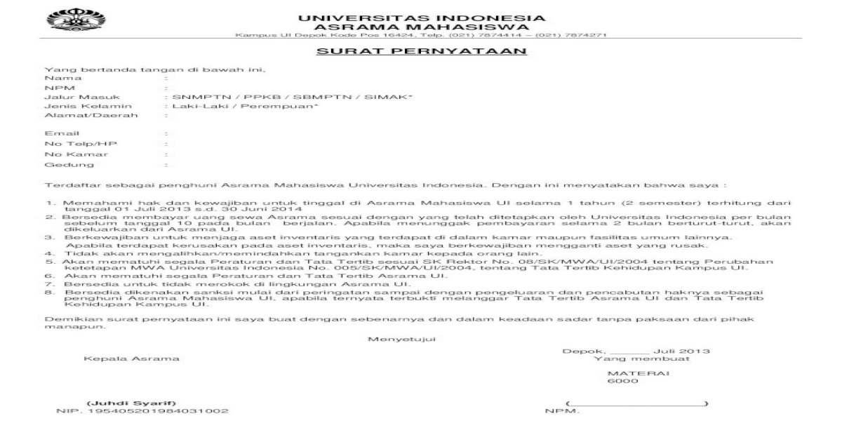 Detail Surat Pernyataan Ppkb Ui Nomer 41