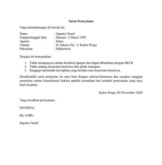 Detail Surat Pernyataan Siswa Nomer 44