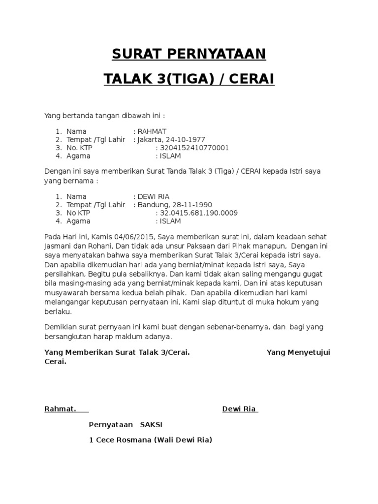 Detail Surat Pernyataan Talak Cerai Nomer 38