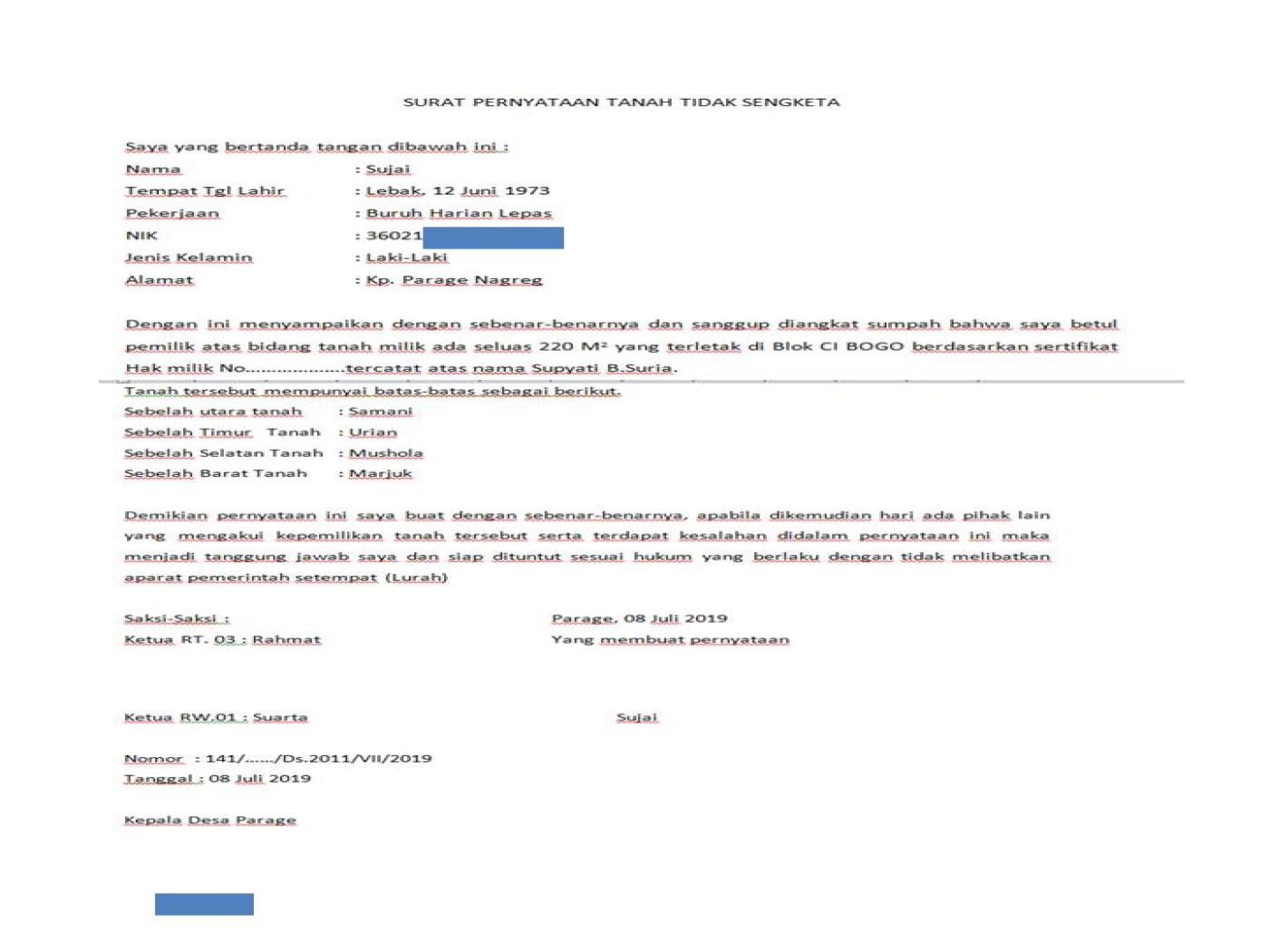Detail Surat Pernyataan Tanah Tidak Sengketa Nomer 24