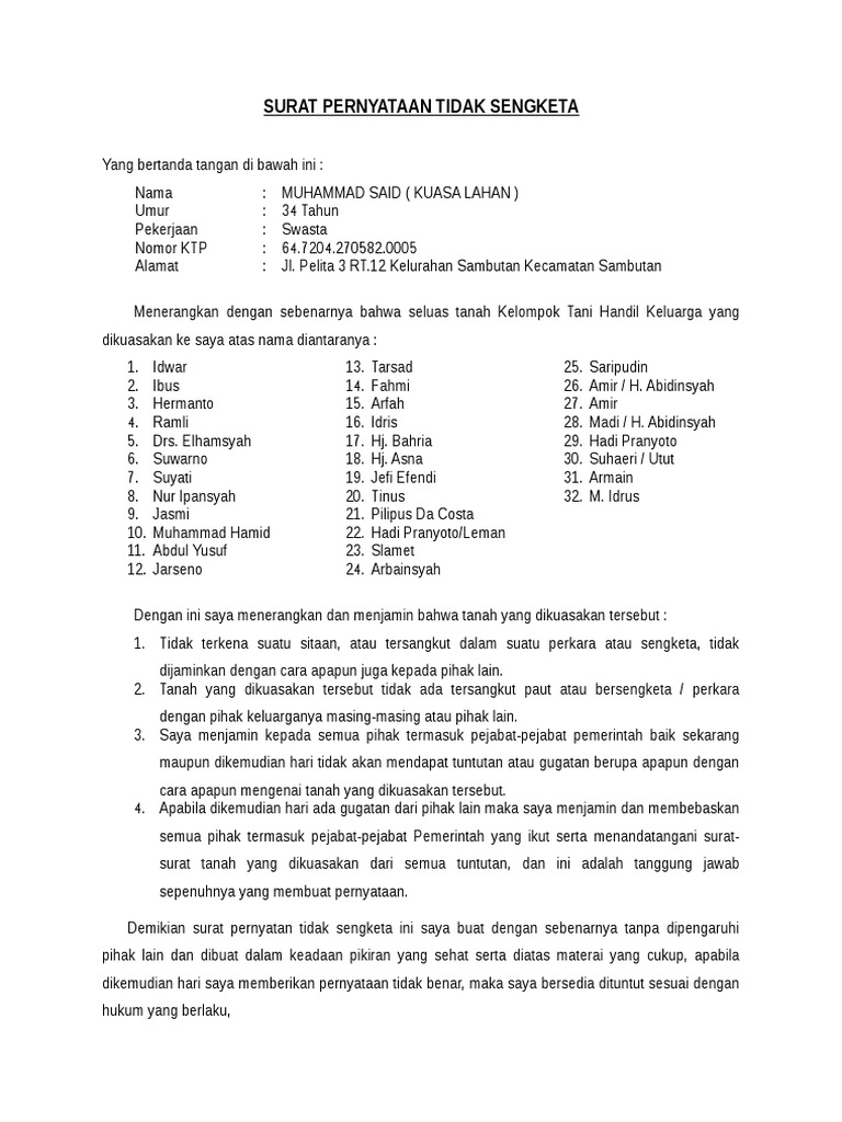 Detail Surat Pernyataan Tidak Sengketa Nomer 11