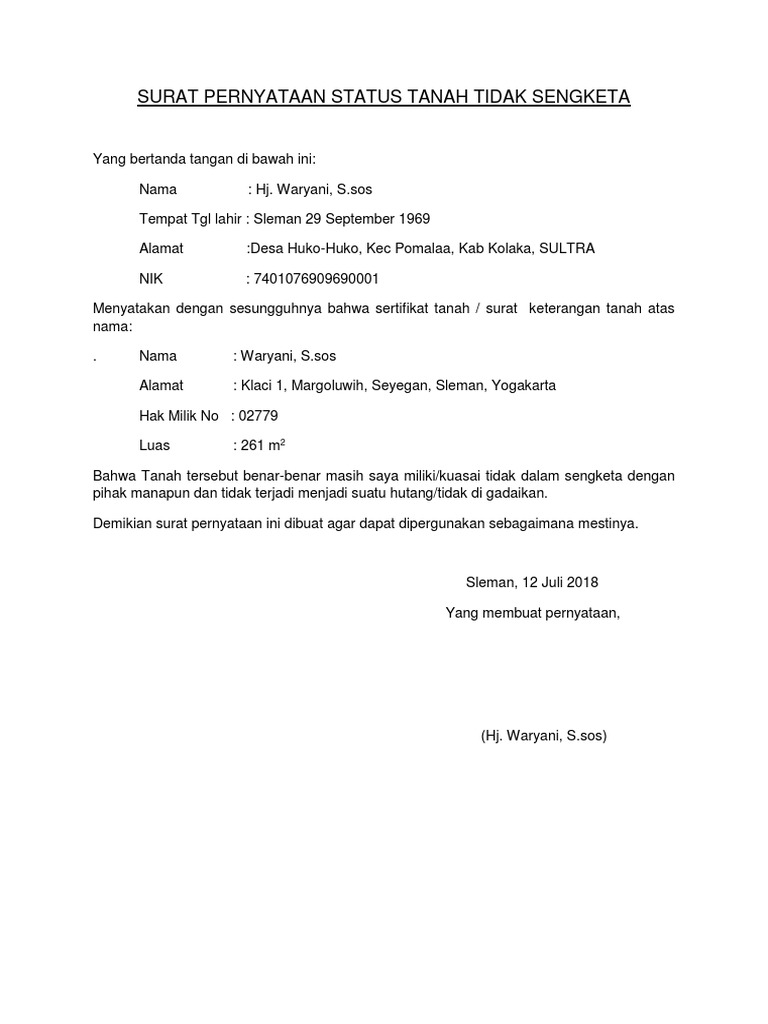 Detail Surat Pernyataan Tidak Sengketa Nomer 5