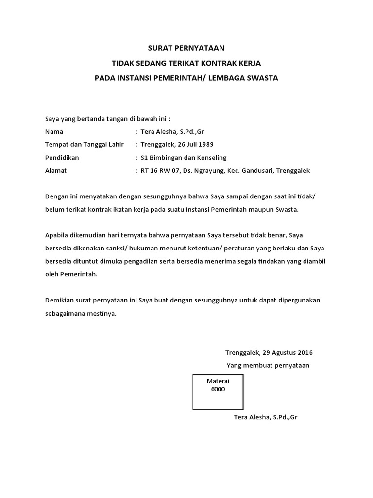 Detail Surat Pernyataan Tidak Terikat Kontrak Nomer 5