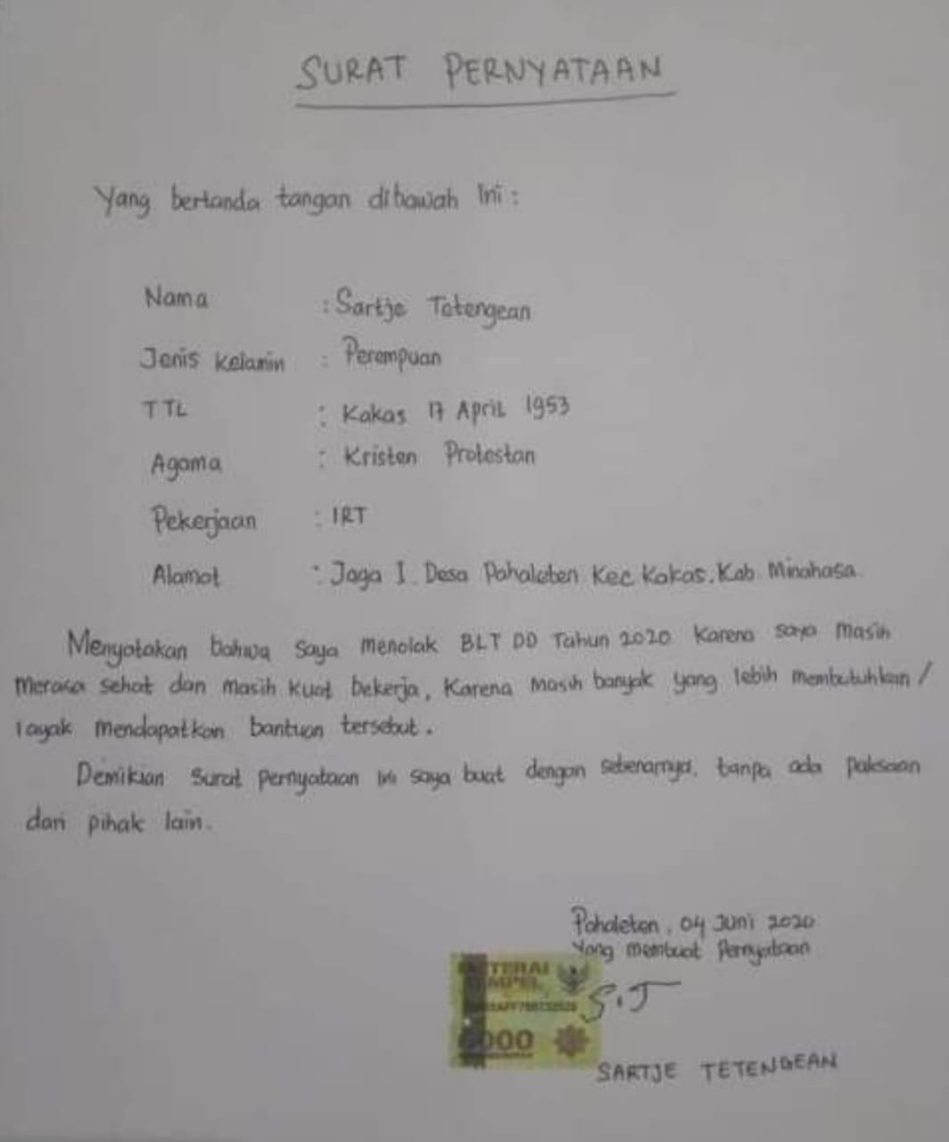 Detail Surat Pernyataan Tulis Tangan Nomer 3