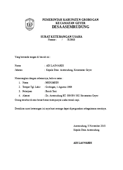 Detail Surat Pernyataan Usaha Nomer 41