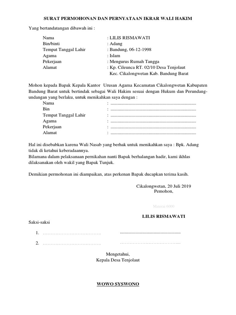 Surat Pernyataan Wali Nikah