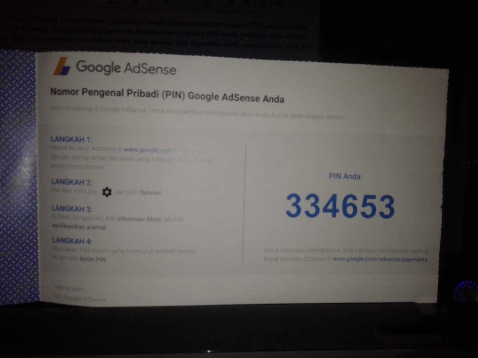 Detail Surat Pin Google Adsense Nomer 16