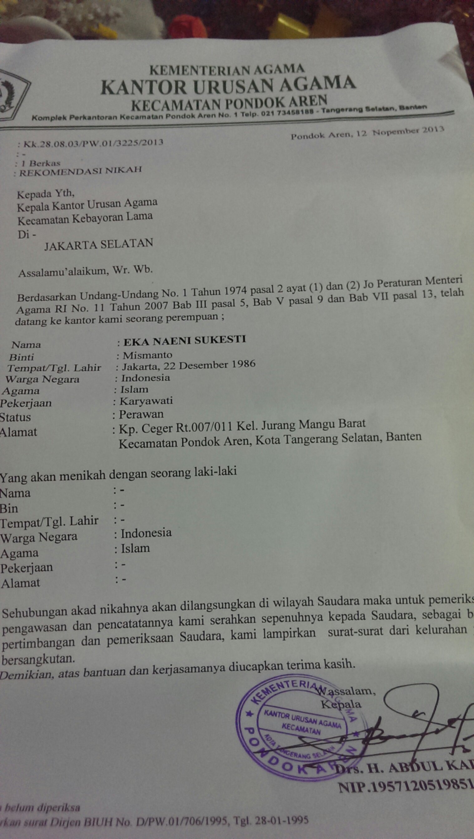 Detail Surat Pindah Nikah Nomer 26