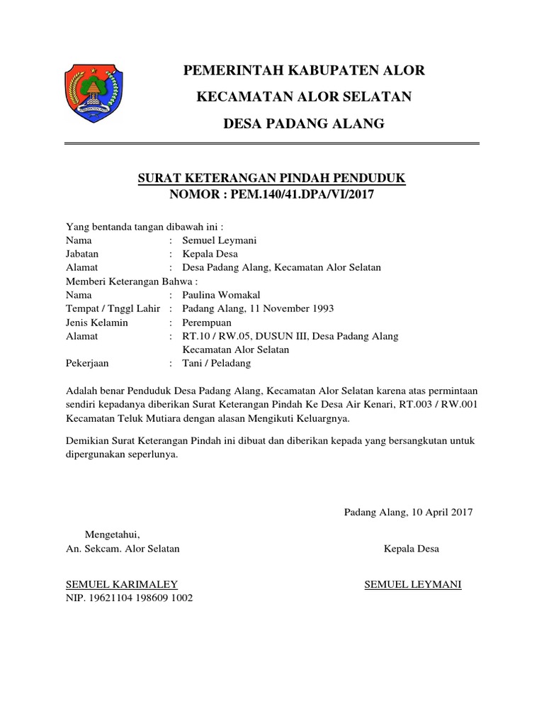 Detail Surat Pindah Penduduk Nomer 17