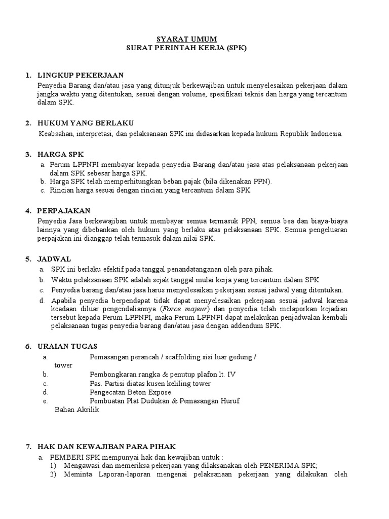 Detail Syarat Umum Surat Perintah Kerja Nomer 9