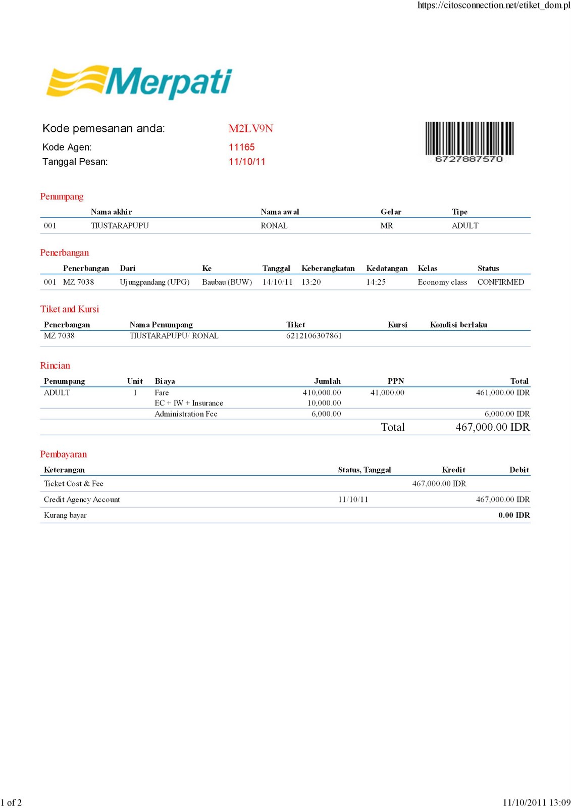 Detail Tiket Elektronik Pesawat Nomer 20