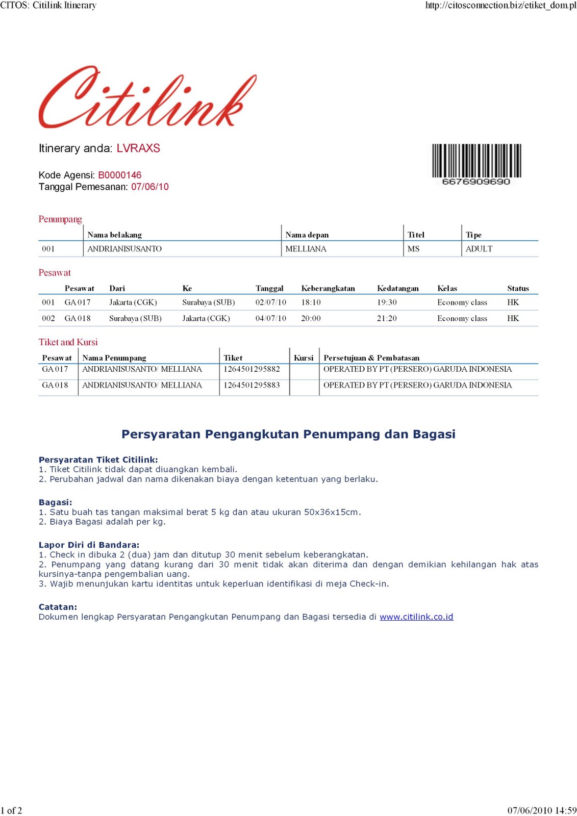 Detail Tiket Elektronik Pesawat Nomer 22