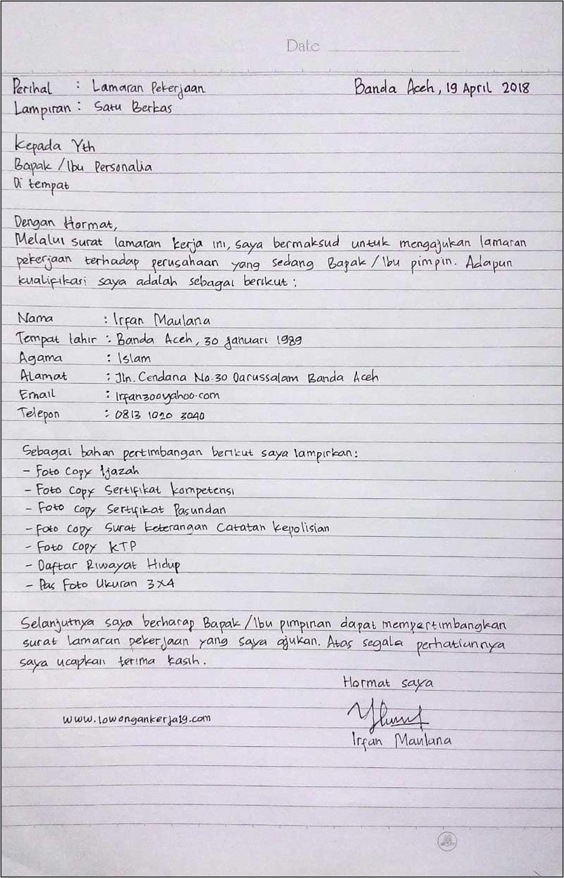 Detail Tulis Tangan Contoh Surat Lamaran Kerja Nomer 6