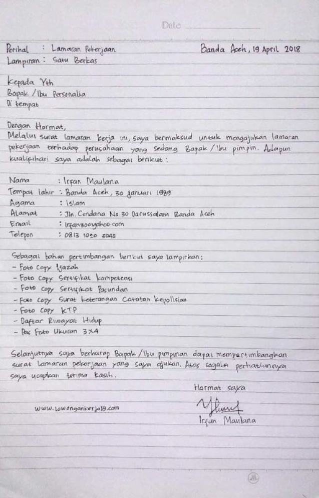 Detail Tulis Tangan Sederhana Contoh Surat Lamaran Kerja Nomer 11