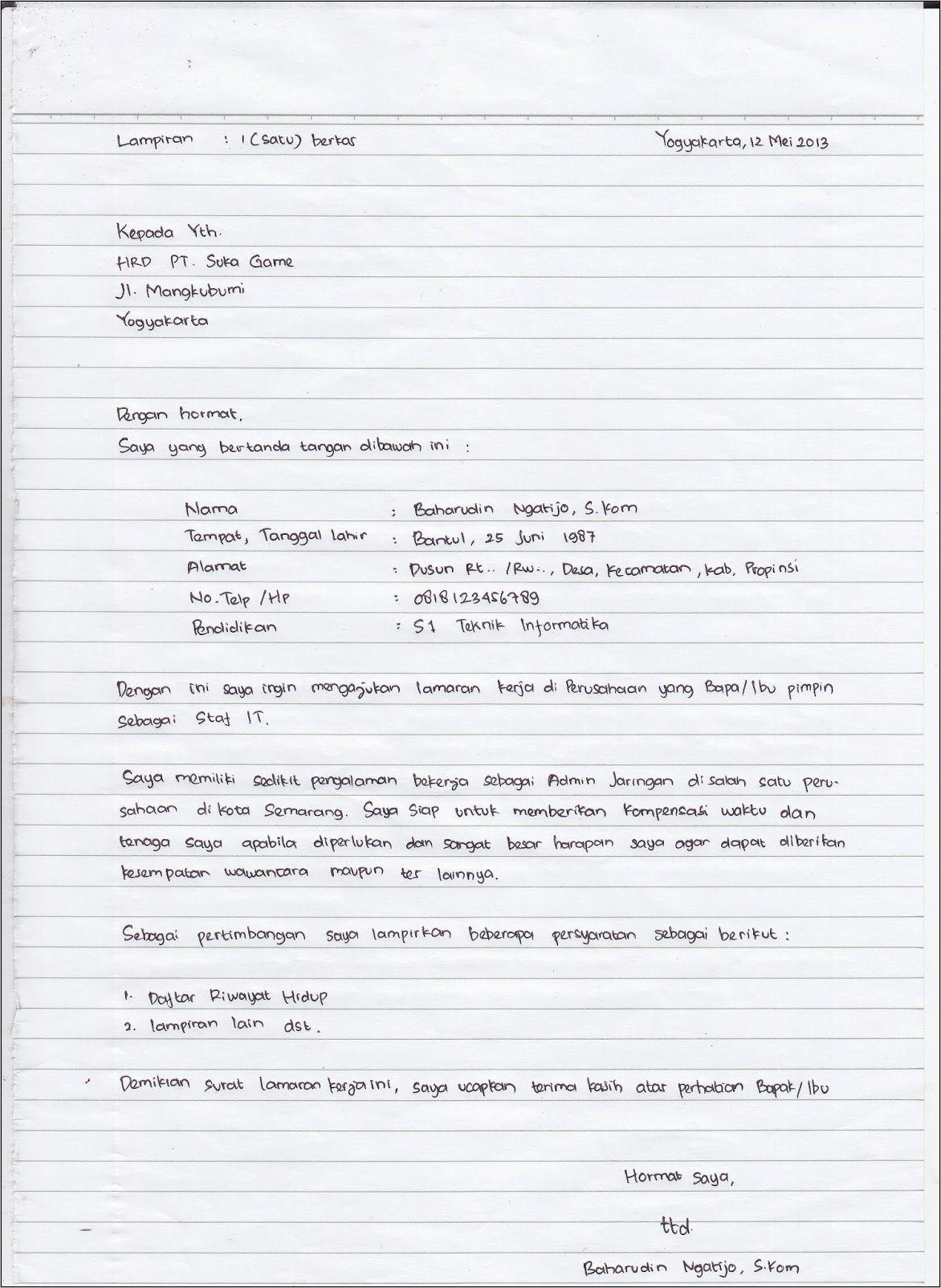Detail Tulis Tangan Sederhana Contoh Surat Lamaran Kerja Nomer 12