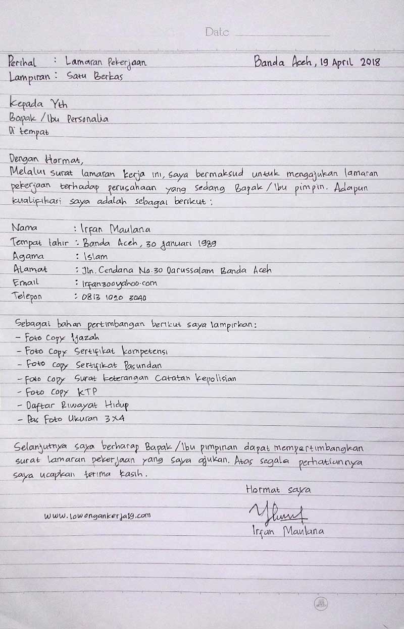 Detail Tulis Tangan Sederhana Contoh Surat Lamaran Kerja Nomer 14