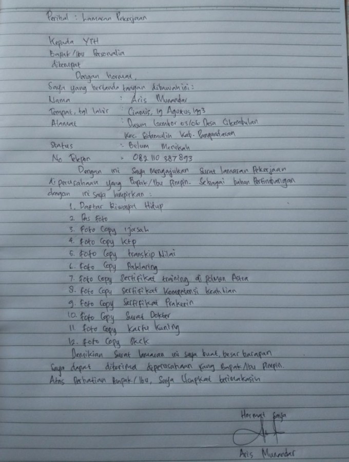 Detail Tulis Tangan Sederhana Contoh Surat Lamaran Kerja Nomer 15