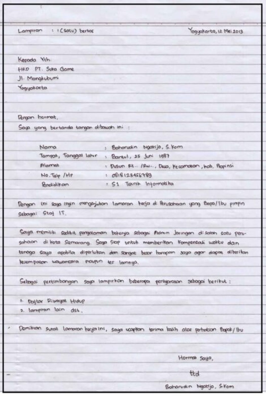 Detail Tulis Tangan Sederhana Contoh Surat Lamaran Kerja Nomer 20