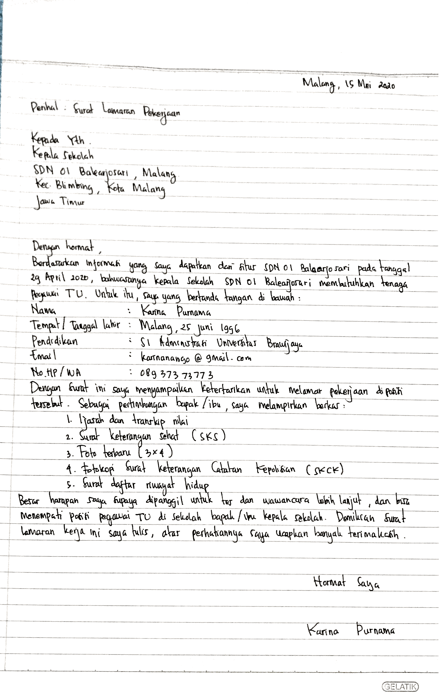 Detail Tulis Tangan Sederhana Contoh Surat Lamaran Kerja Nomer 24