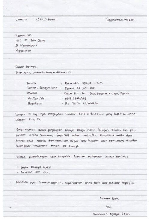 Detail Tulis Tangan Sederhana Contoh Surat Lamaran Kerja Nomer 31