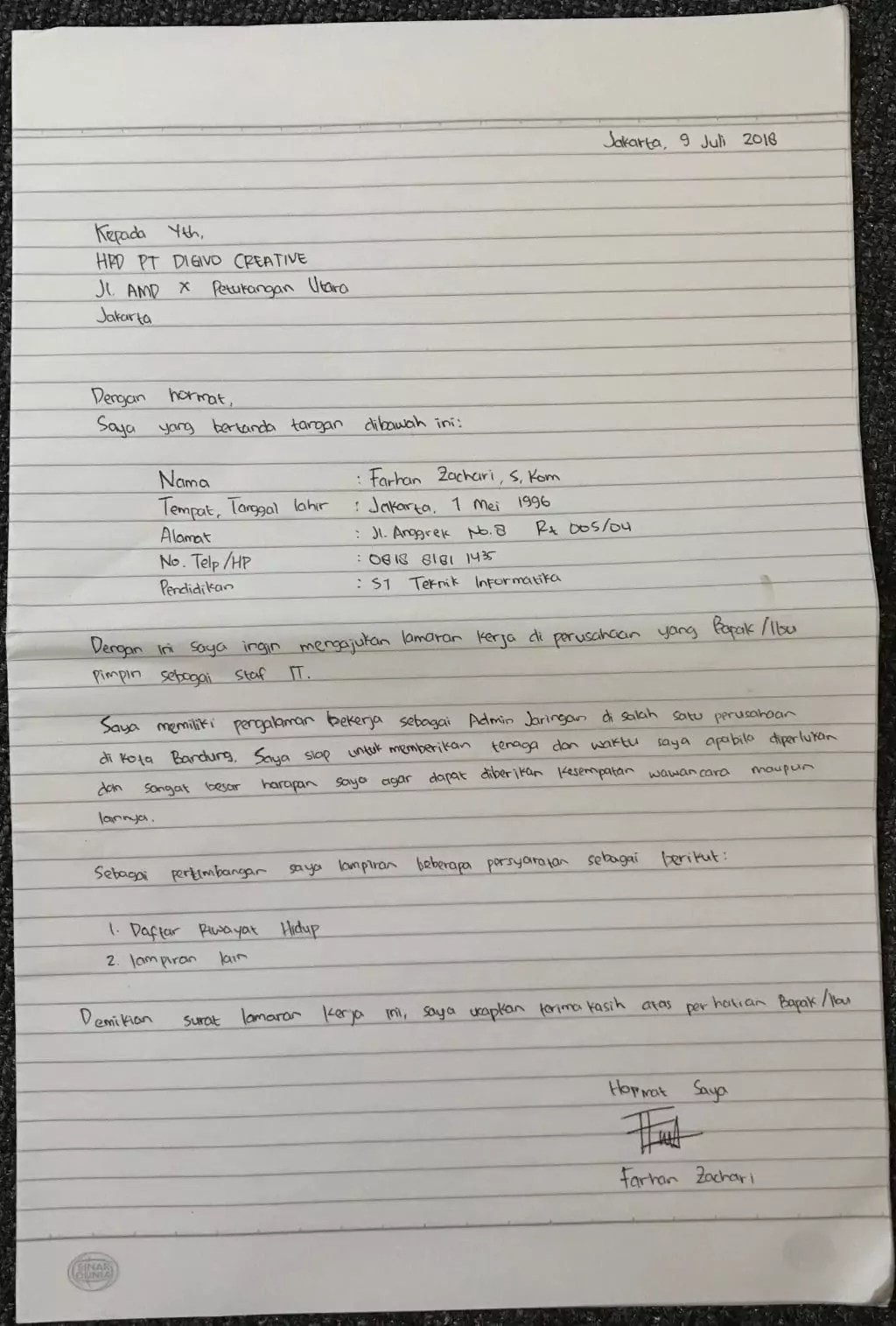 Detail Tulis Tangan Sederhana Contoh Surat Lamaran Kerja Nomer 36