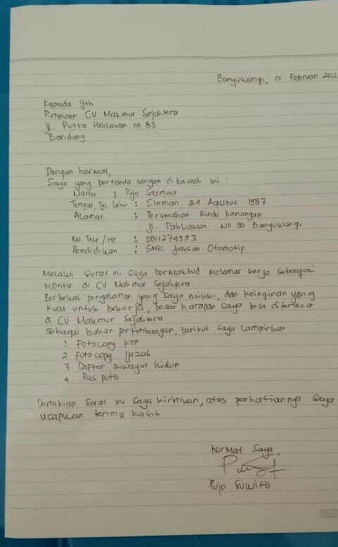 Detail Tulis Tangan Sederhana Contoh Surat Lamaran Kerja Nomer 40