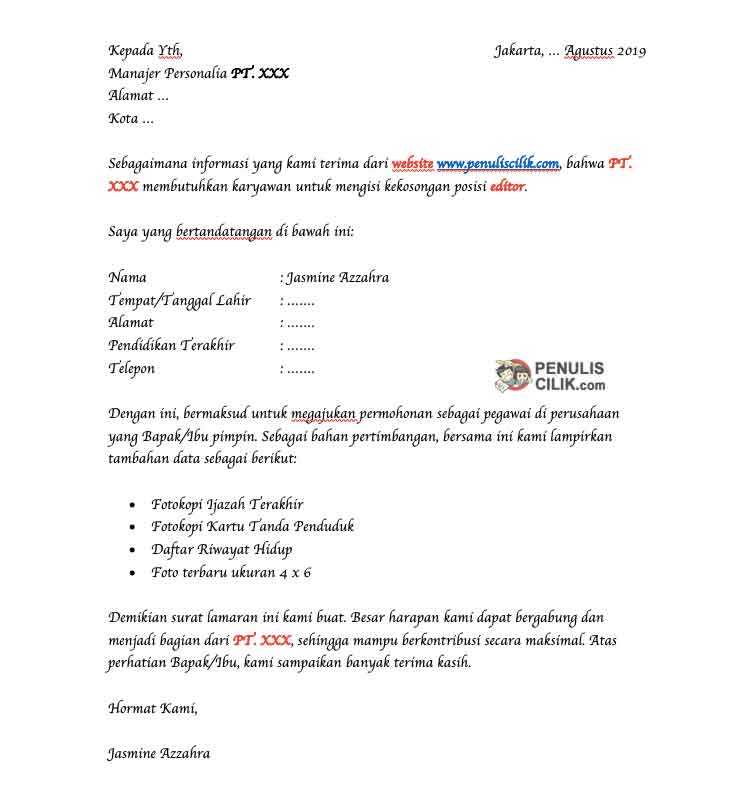 Detail Tulis Tangan Sederhana Contoh Surat Lamaran Kerja Nomer 42