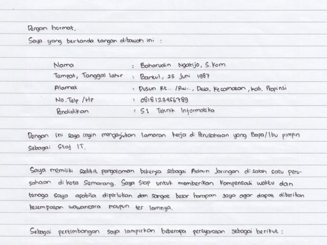 Detail Tulis Tangan Sederhana Contoh Surat Lamaran Kerja Nomer 6