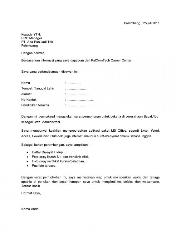 Detail Tuliskan Contoh Surat Lamaran Pekerjaan Nomer 12