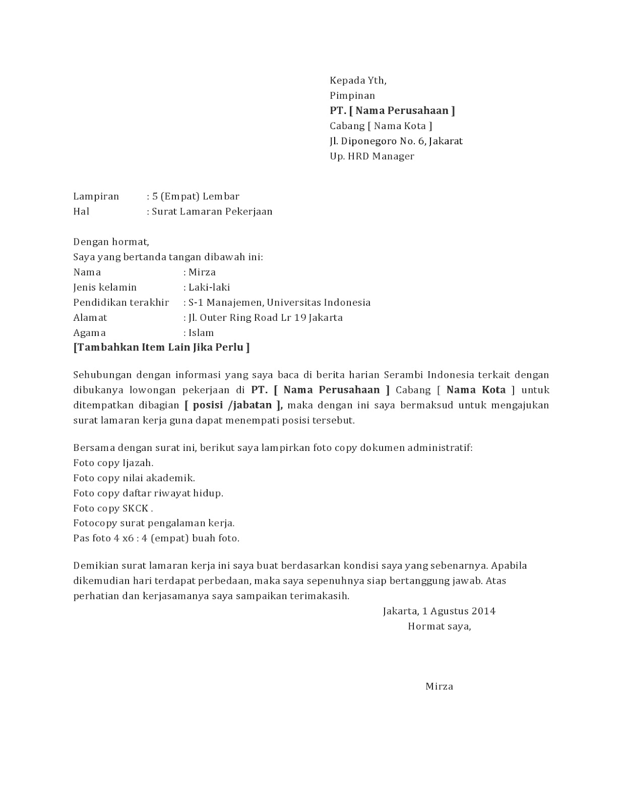 Detail Tuliskan Contoh Surat Lamaran Pekerjaan Nomer 6