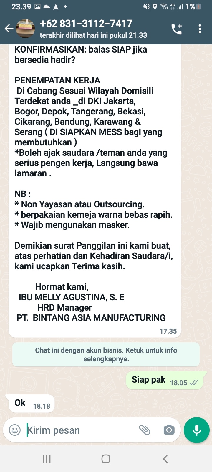 Detail Undangan Interview Via Whatsapp Nomer 2
