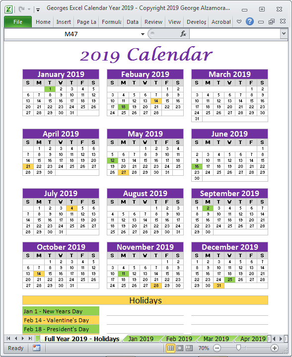 Detail 2019 Monthly Calendar Template Excel Nomer 24