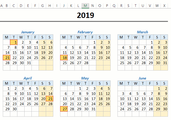 Detail 2019 Monthly Calendar Template Excel Nomer 8