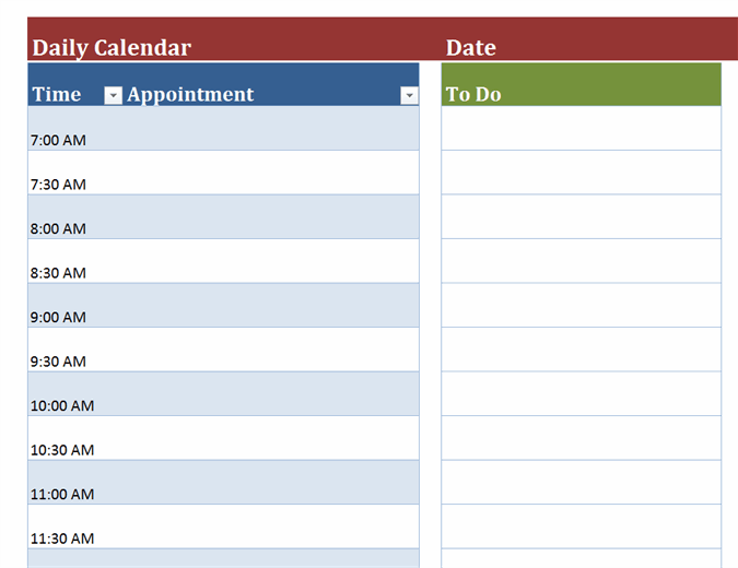 Detail 2020 Daily Calendar Excel Template Nomer 25