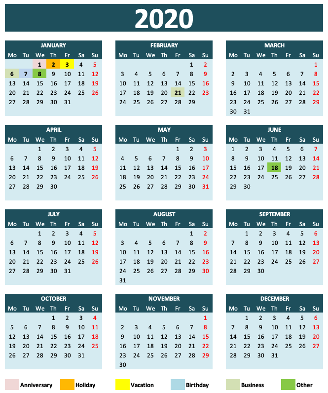 Detail 2020 Daily Calendar Excel Template Nomer 27