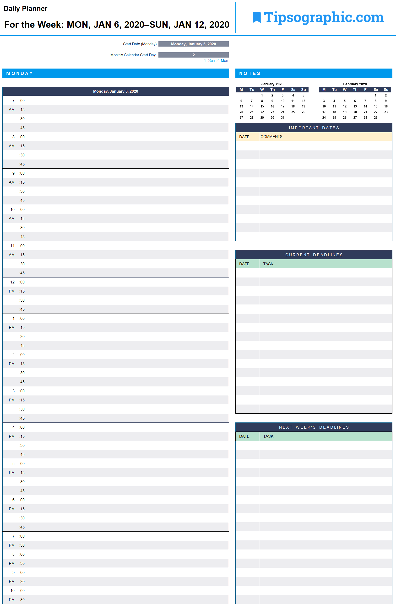 Detail 2020 Daily Calendar Excel Template Nomer 40