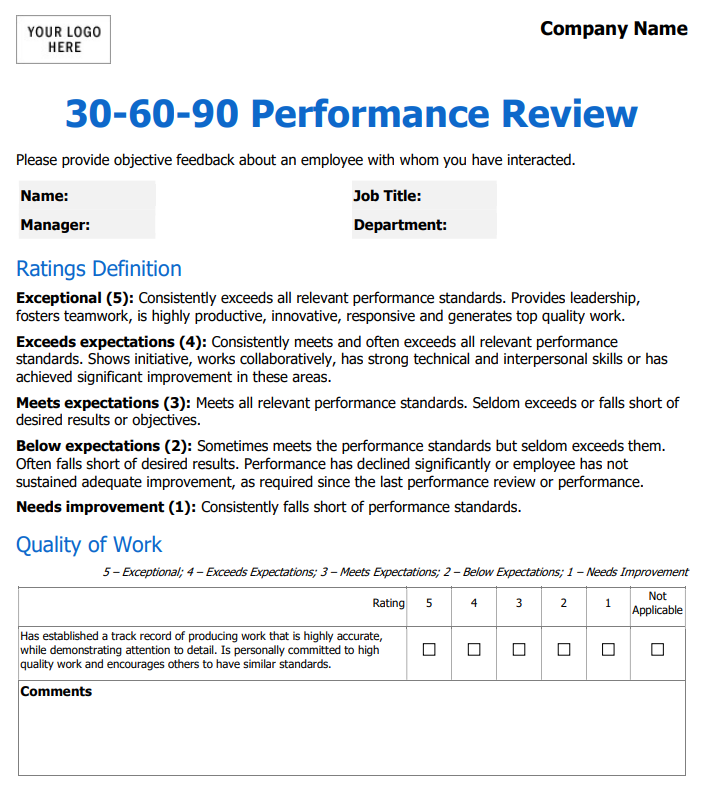 Detail 30 60 90 Day Employee Performance Review Template Nomer 4
